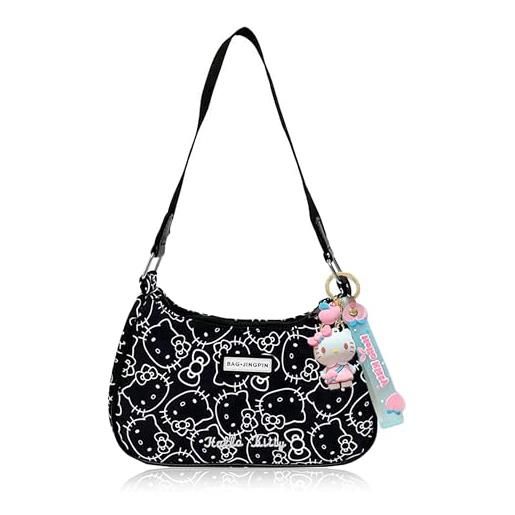 Roffatide anime kt carino borse a spalla per le donne amici pu tote borsa con chiusura zipper mini clutch borsa a spalla sottobraccio portafoglio nero (con pendente)