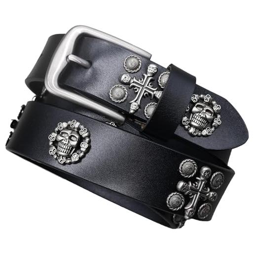 Surrycee nero, 125cm(42~44), cintura da uomo e da donna in vera pelle con teschio e croce religiosa, punk rock, motociclista, gotico, casual, per jeans, pantaloni, abito, 3,8 cm di larghezza