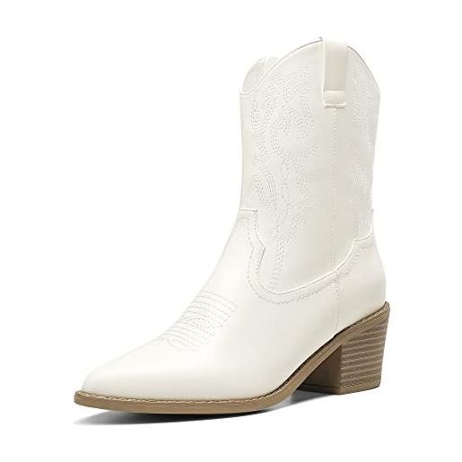 DREAM PAIRS stivaletti da donna stivali da cowboy stivali western da donna con tacco grosso e punta a punta, size 38, bianco, sdab2219w
