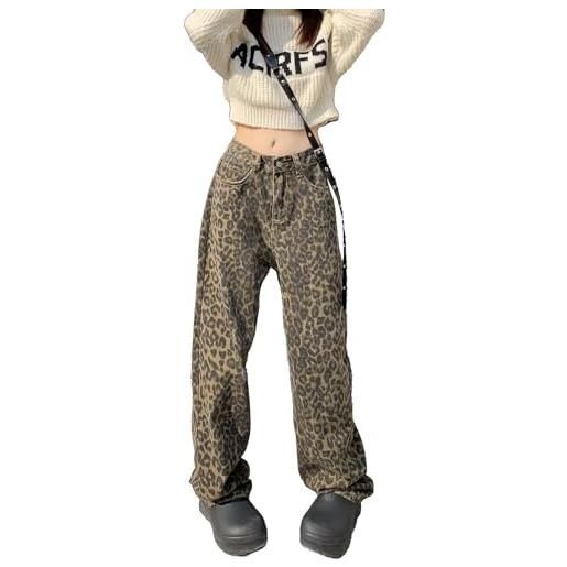 Goolecrimp pantaloni leopardati da donna jeans larghi dritti gotici y2k casual hip hop street style trend (stampa leopardata, l)