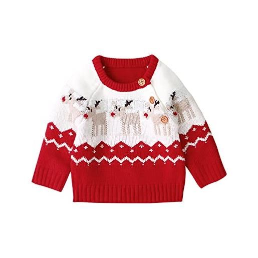 Carolilly maglia neonato di natale carino maglione neonata manica lunga con stampa alce maglia pullover natalizia invernale per bambino elegante (rosso, 0-3 months)