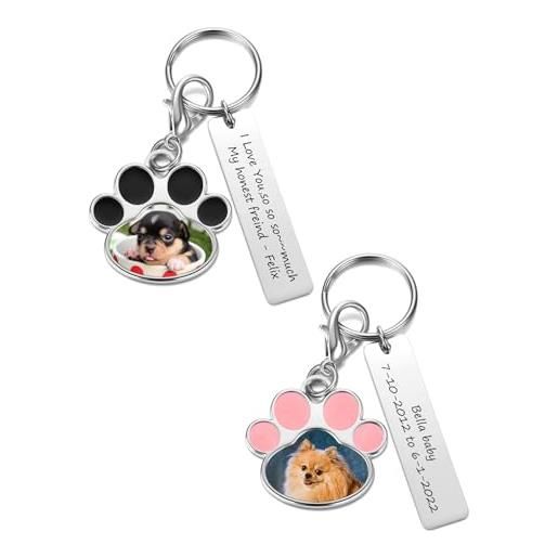 Zysta portachiavi zampa di cane in smalto con targhetta incisione personalizzata nome scritto id portachiavi identificativo personalizzabile inciso messaggio in metallo commemorativo per lui lei (2pz)