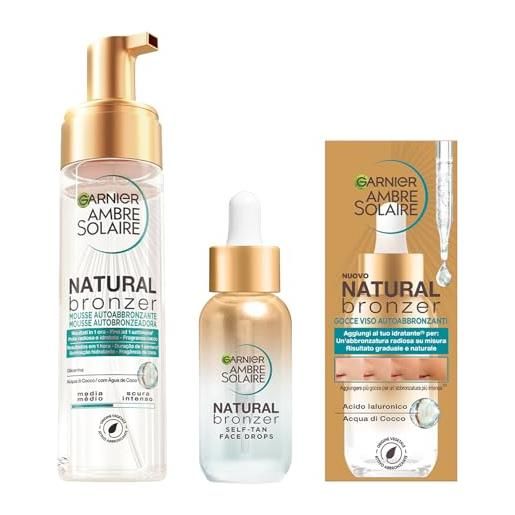 Garnier kit ambre solaire con gocce viso autoabbronzanti, natural bronzer, e mousse autoabbronzante, viso e corpo, natural bronzer, pelle abbronzata e idratata, 30 ml + 200 ml