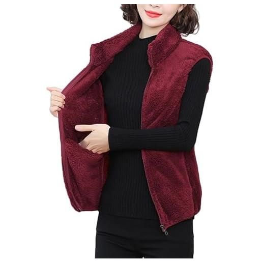 Generico gilet donna gilet in pile corallo double face per donna, gilet soffice, caldo, leggero, comodo, da donna, giacca morbida con tasche per autunno inverno, campeggio, escursionismo, rosso vino 3xl