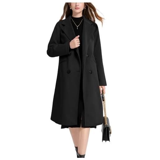 Vanchenl donna inverno misto lana cappotto tacca risvolto doppio fila casual medio pisello lungo trench giacche outwear, nero , xl