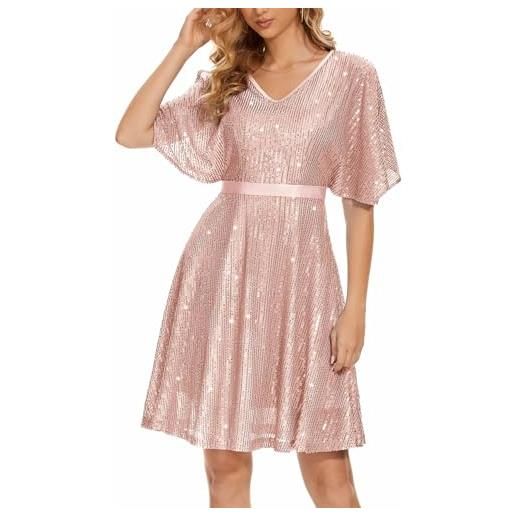 Wedtrend abito da donna con paillette, lunghezza al ginocchio, abito estivo sexy, oro rosa, s