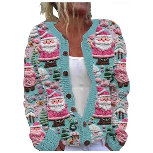 Generic maglione donna natale invernale elegante cardigan maglia a manica lunga con pulsante leggero maglioni di natalizia babbo con albero di natale stampa moda maglie per festa top maglioncino maglieria