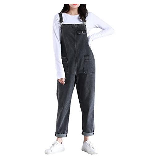 Jamron donna taglie forti salopette in denim stretch lungo overall tuta intera jumpsuit pantaloni jeans con pettorina blu m