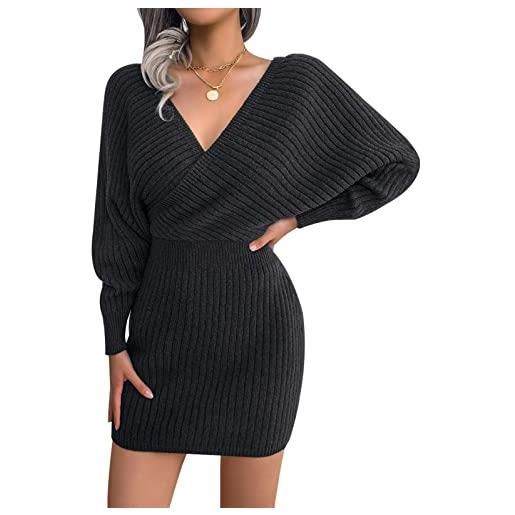 FEOYA vestito maglione donna invernale abito maglia manica lunga pipistrello autunno vestito in maglia corto mini scollo a v abito jersey avvolgente bodycon tubino costine sexy casual primavera blu l