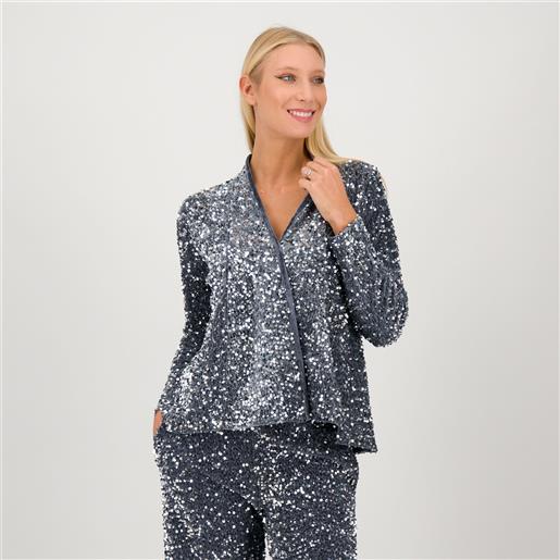 Nina Leonard giacchina in ciniglia con paillettes e drappeggio frontale