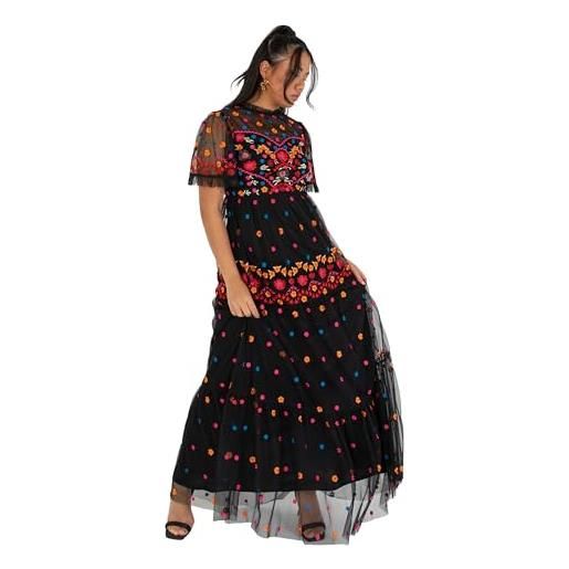 Maya Deluxe women's ladies maxi dress short sleeve high neck embroidered ruffle frilly tulle a-line for occasion evening ball gown, vestito da donna, black, 