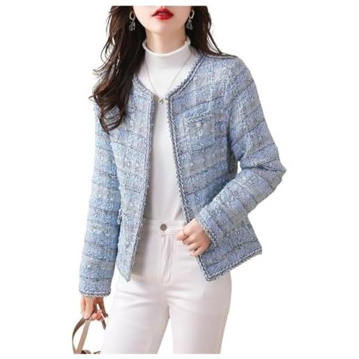 Yancremio blazer elegante da donna giacca da ufficio business in tweed alla moda giacca casual ampia a maniche lunghe con scollo tondo (blu, xl)