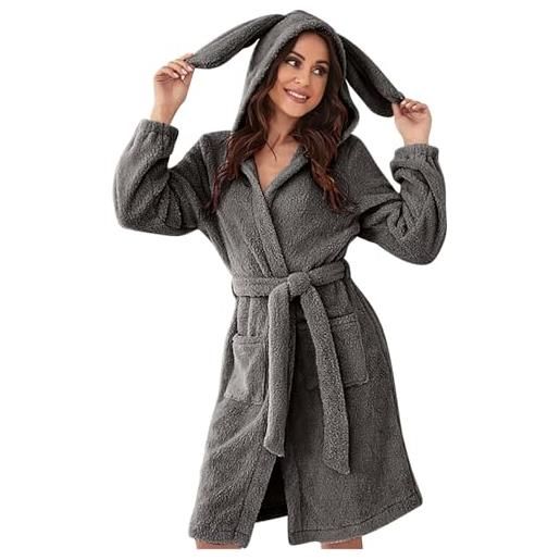kosopse accappatoio da donna soffice con orecchie - accappatoio da donna morbido - vestaglia da sauna in pile corto in cotone camicia da notte a maniche lunghe invernali con cappuccio, grigio. , m