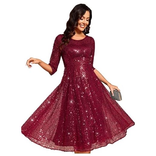 Ever-Pretty vestito da cerimonia con paillettes al ginocchio da donna abiti da cocktail party con manica lunga eleganti arancione 36