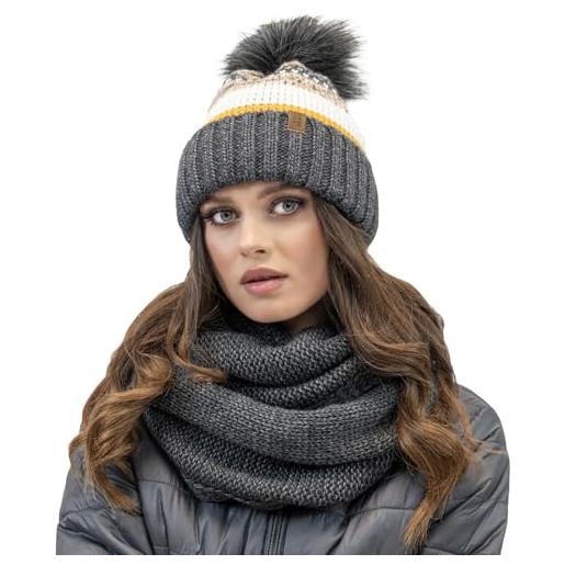 Vivisence set alla moda da donna cappello colorato con grande pon-pon ecologico e scaldacollo coordinato realizzato in filato caldo con lana fodera in pile antistatico, grigio scuro, taglia unica