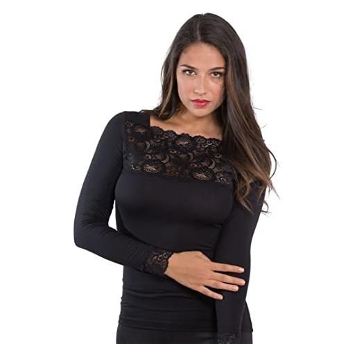 Leo Corsetteria maglia sottogiacca donna manica lunga girocollo ampio cotone modal aderente nero m