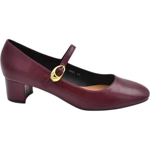 Malu Shoes scarpa decollete donna punta quadrata con tacco largo 5 cm fibbia oro e cinturino regolabili pelle matte bordeaux