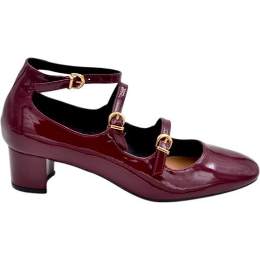 Malu Shoes scarpa decollete donna punta quadrata con tacco largo 5 cm fibbie oro e cinturini regolabili vernice bordeaux lucido