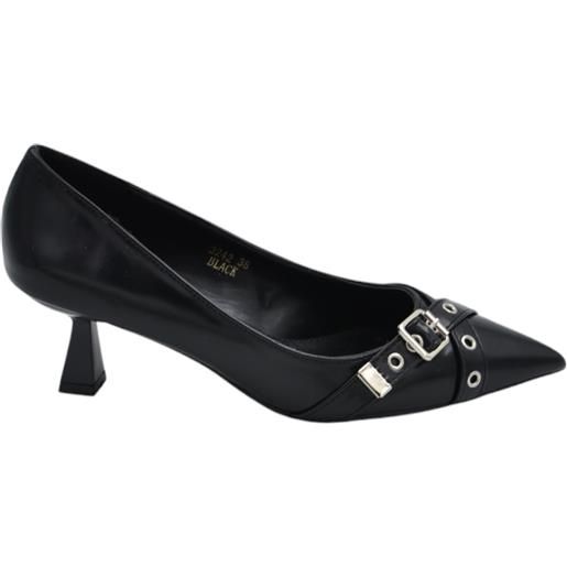 Malu Shoes decollete donna in pelle matte nero con tacco clessidra 3 cm con cinturini e fibbie incrociati argento linea basic moda