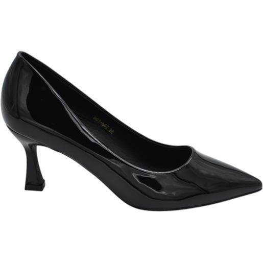 Malu Shoes decolette donna in pelle vernice lucida nera con punta tacco sottile clessidra 5 cm linea basic