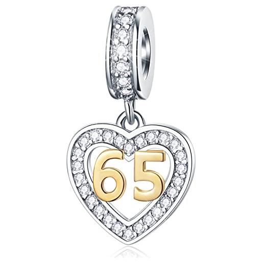 GLOWDAS 65 ° compleanno charms fit pandora bracciale di natale, 18k numero d'oro 65 dangle, 925 sterling silver 65 anniversary heart collana perline con birthstone, regali per nonna/madre in legge/nana