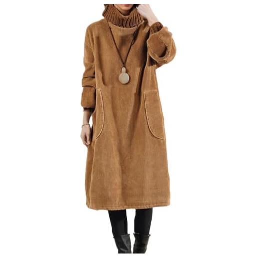 FZKun abito da donna in velluto a coste, invernale, spesso, a maniche lunghe, collo alto, caldo, taglie forti, abito lungo con tasche, caff, l