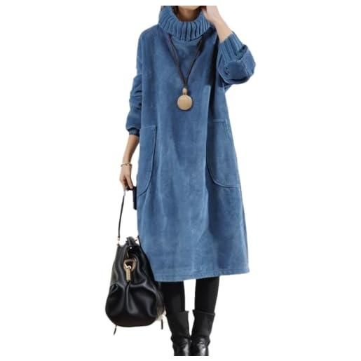 FZKun abito da donna in velluto a coste, invernale, spesso, a maniche lunghe, collo alto, caldo, taglie forti, abito lungo con tasche, blu, xl