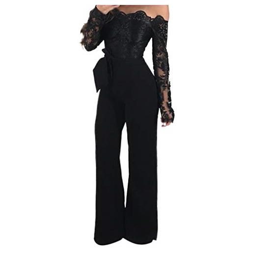 LZPCarra tuta da donna elegante a maniche lunghe - tuta da donna per ospite nuziale, sexy, in pizzo, a maniche lunghe, senza spalline, con gamba larga, abito natalizio, nero , l