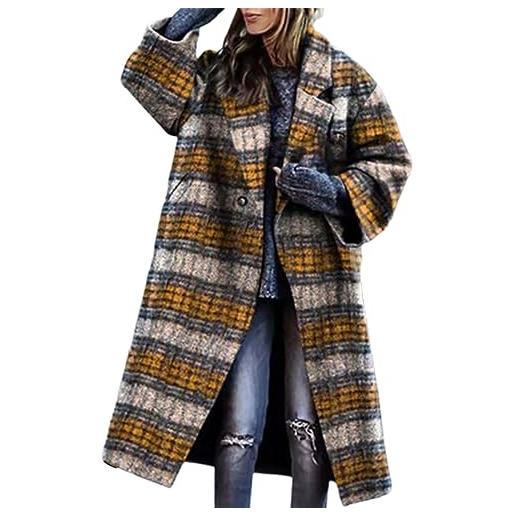 Generic giacca da donna oversize in misto lana invernale calda e accogliente a maniche lunghe in stile plaid da ragazzo in flanella casual con bottoni, risvolto a scacchi, con tasche, giallo, 3xl