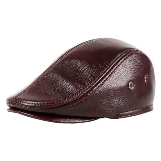 BOTOWI cappello da uomo in vera pelle edera, cappello da newsboy classico in pelle bovina gatsby, cappello da tassista, caccia, pesca, per autunno inverno e sport all'aria aperta, rosso marrone, 3xl