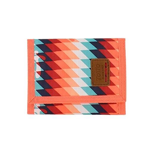 Totto - portafoglio per ragazzi, modello tojal, sistema blocco rfid, portamonete e 4 porta carte, dimensioni 9 x 2,2 cm, chiusura con patta, versatile e resistente, stampa arancione multicolor