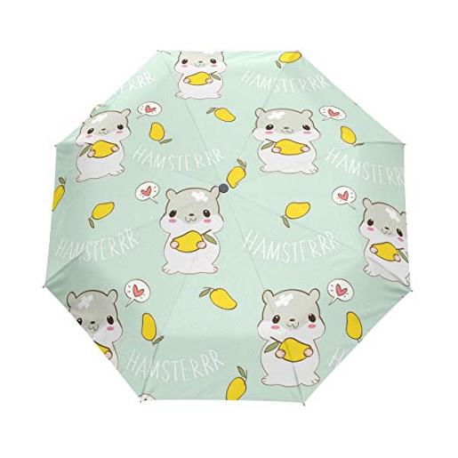 BEUSS simpatico criceto ama il mango ombrello pieghevole automatico antivento con auto apri chiudi portatile ombrelli per viaggi spiaggia donne bambini ragazzi ragazze