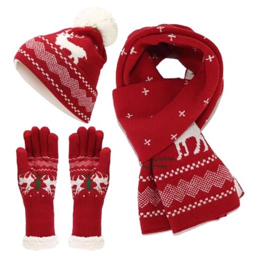 GANYKQ set di accessori invernali, lavorato a maglia, motivo natale, albero di natale, cappello caldo, sciarpa, guanti combinati, per adulti e bambini, stile dito rosso