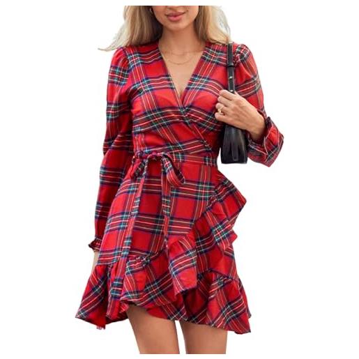CUPSHE abito autunnale scozzese rosso da donna con scollo a v e polsino a volant lungo manica blouson avvolgente con cravatta laterale mini abiti autunnali casual, rosso, s
