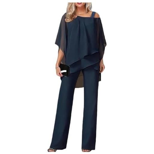 Yeooa abito da sera in tulle da donna set camicetta in chiffon a due pezzi e pantaloni a gamba larga a vita alta cocktail party business casual abito intero elegante abito a due pezzi (blu scuro, l)