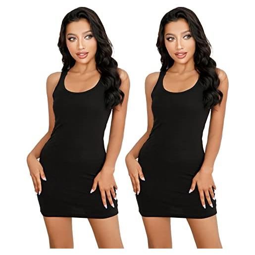 Mcilia canotta lunga da donna, morbida, elasticizzata e a coste sottili, 2 varianti nero/grigio scuro taglia xl (eu 48 50)