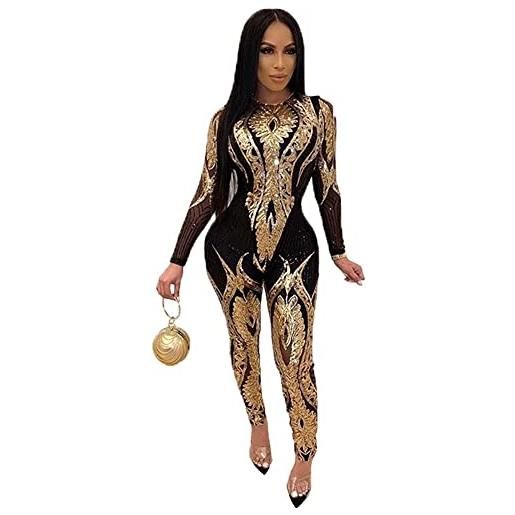 GHAKKE tute sexy con paillettes glitterate da donna jumpsuits aderenti a maniche lunghe con scollo tondo rompers con pantaloni lunghi in prospettiva a rete (color: gold, size: m)