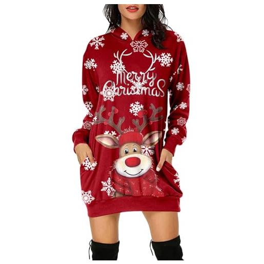 JiJiRuDU vestito natale donna inverno abiti con stampa natale felpa con cappuccio abito felpato natale donna felpe con cappuccio con tasca maniche lunghe camicie top tunica mini aderente magra abito