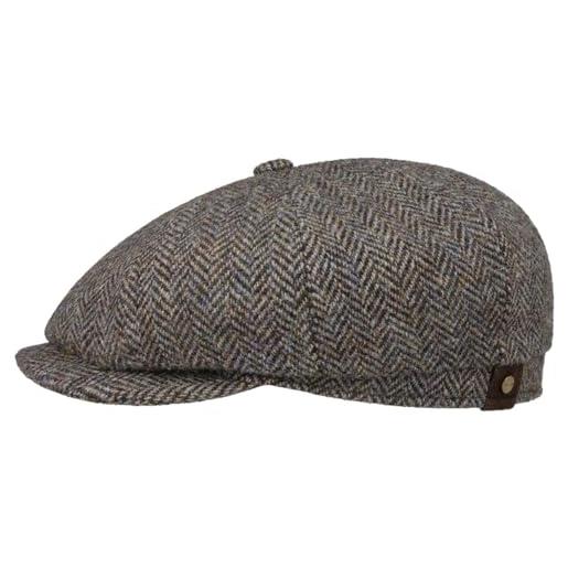 Stetson cappellino hatteras tweed herringbone uomo - made in the eu berretto newsboy con fodera, visiera inverno autunno/inverno - 57 cm antracite-beige