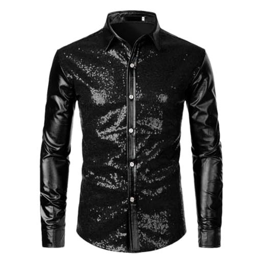 HEYDHSDC camicia da uomo nera con paillettes glitterate, a maniche lunghe, con bottoni, anni '70, discoteca, festa, ballo, camicia natalizia, cs86 nero, xl
