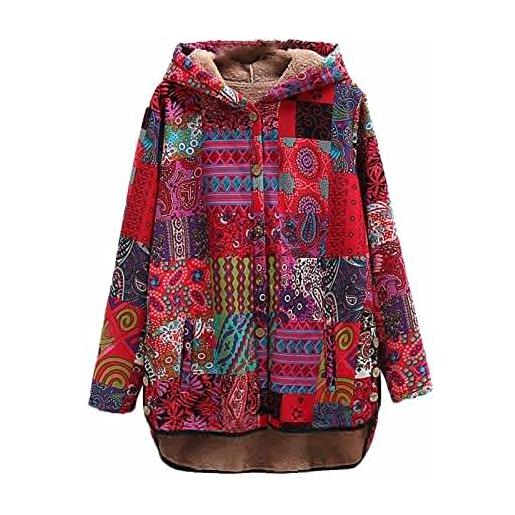 Generic felpe con cappuccio con stampa etnica cappotto a maniche lunghe con cardigan in peluche con giunzione per donna giubbotto in pelle nero donna abbigliamento donna (red, xl)