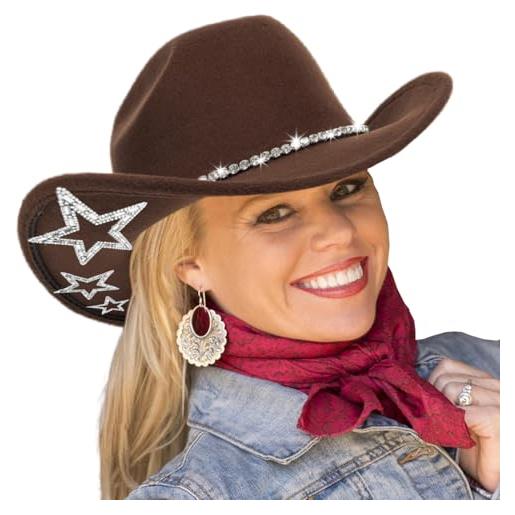 HilyBony classico cappello da cowboy occidentale lucido con strass stella cowgirl cappello in feltro per costumi da festa