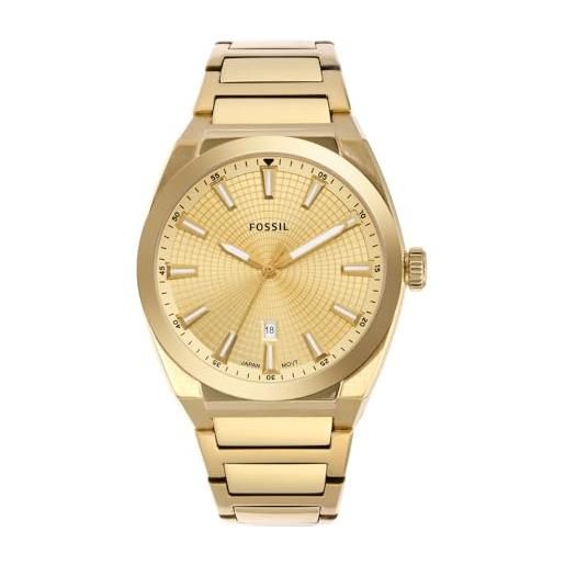 Fossil orologio everett da uomo, movimento al quarzo con data a tre lancette e cinturino in pelle o acciaio inossidabile, 42 mm, tono oro