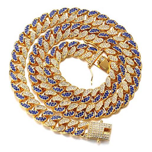 HALUKAKAH diamante cubano catena per uomo, 14mm fuji catena in oro iced out miami placcato oro reale 18k girocollo collana 55cm, pieno diamanti blu e trasparente set di punte, regalo per lui