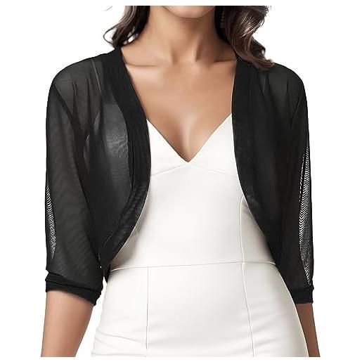 MODSGUE bolero da donna a maniche corte, aperto, in rete trasparente, in tulle satinato, boleros in pizzo con fiori, colletto alto ed elegante shrug, nero , m