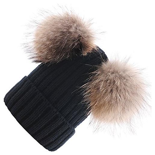 Brillabenny cappello pelliccia vera beige due pon pon beige per ragazza donna adulto cuffia hat fur christmas luxury lusso