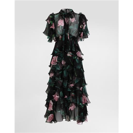 Dolce & Gabbana abito longuette con balze e volant in chiffon stampa rose