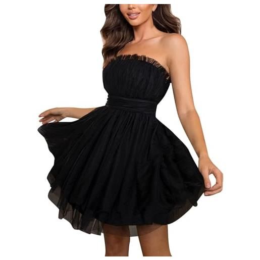 KBOPLEMQ abito in tulle, da donna, corto, per riunioni di classe, per compleanno, da cocktail, da principessa, senza spalline, nero , s