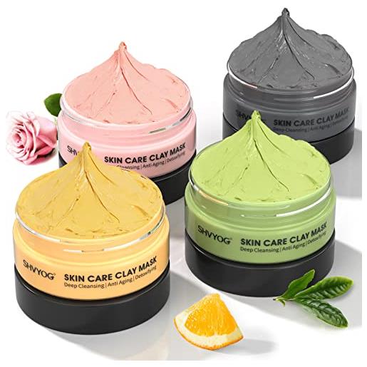 SHVYOG set di maschere per il viso, maschera per il viso, vitamina c con curcuma, maschera per fango dal mar morto, tè verde, rose, per pulizia profonda, controllo dell'olio e perfezionamento dei pori, 240 g