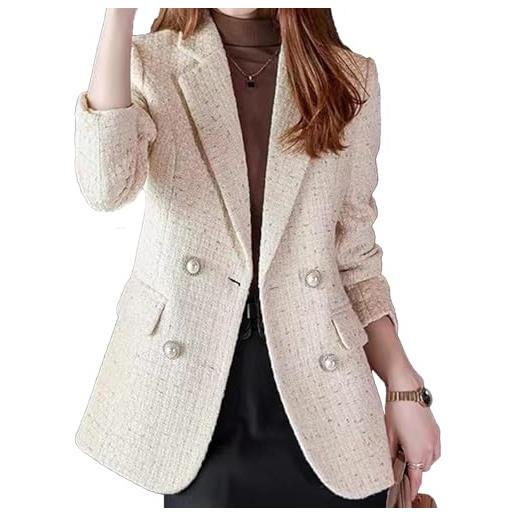 Suncadmious blazer da donna in tweed moda girocollo classico doppio petto abbottonatura ufficio business casual blazer manica lunga cappotto sottile (blu, m)